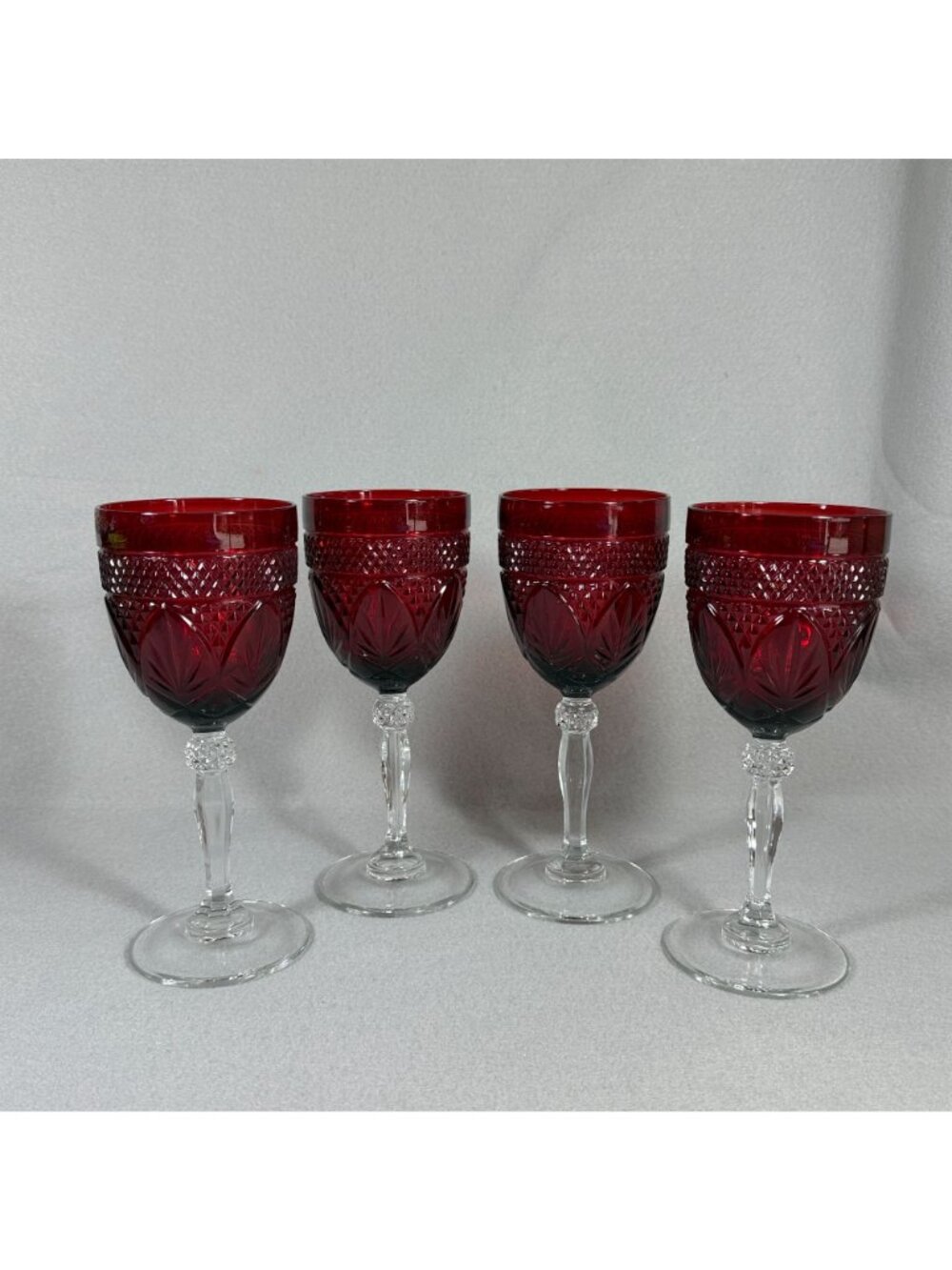 Vintage Ruby Cut to Clear Crystal Goblets Set of 4 Clear Stem Wine Glasses 8.25" - Picture 2 of 9